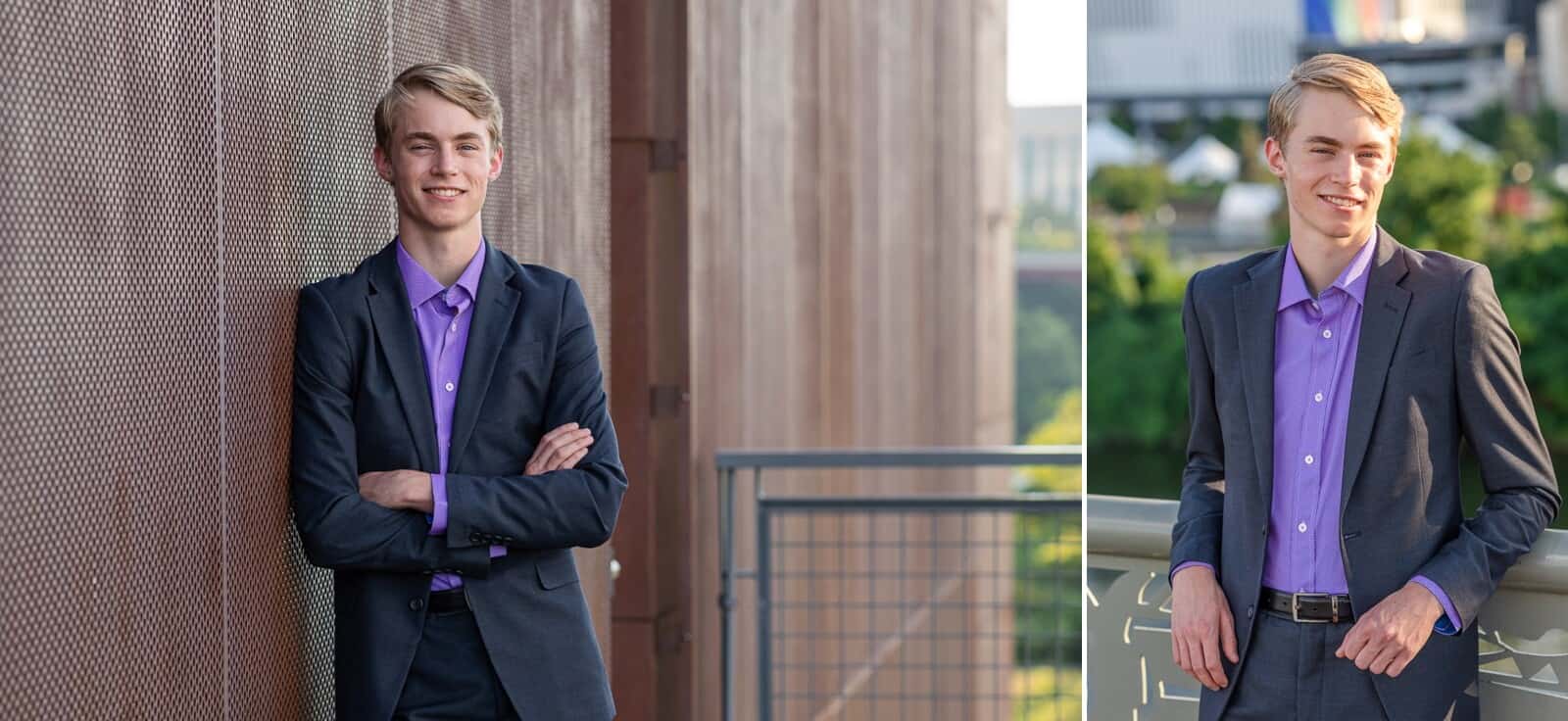 senior boy in suit poses on balcony overlooking Nashville